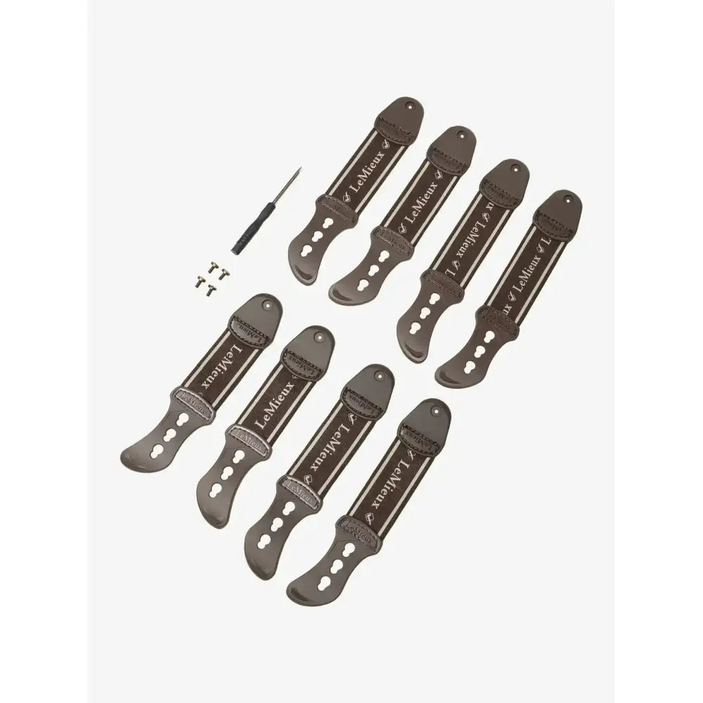 Set of eight dark brown lemieux exo-flex® tendon spare leather straps with silver metal hardware and embossed branding