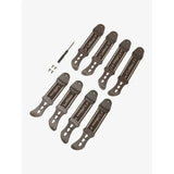 Set of eight dark brown lemieux exo-flex® tendon spare leather straps with silver metal hardware and embossed branding