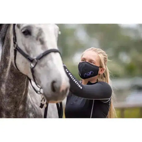 Black lemieux face mask reusable with blue embroidered logo and white la collection text on the arm for covid use