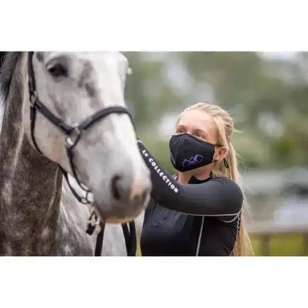 Black lemieux face mask reusable with blue embroidered logo and white la collection text on the arm for covid use