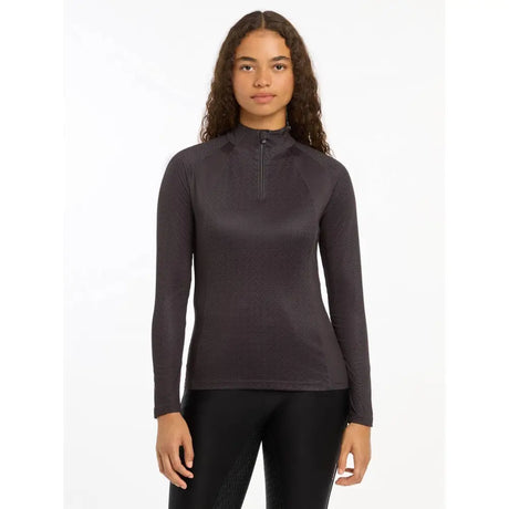 Dark gray long-sleeved quarter-zip pullover top, Lemieux Faith Base Layer Cinder