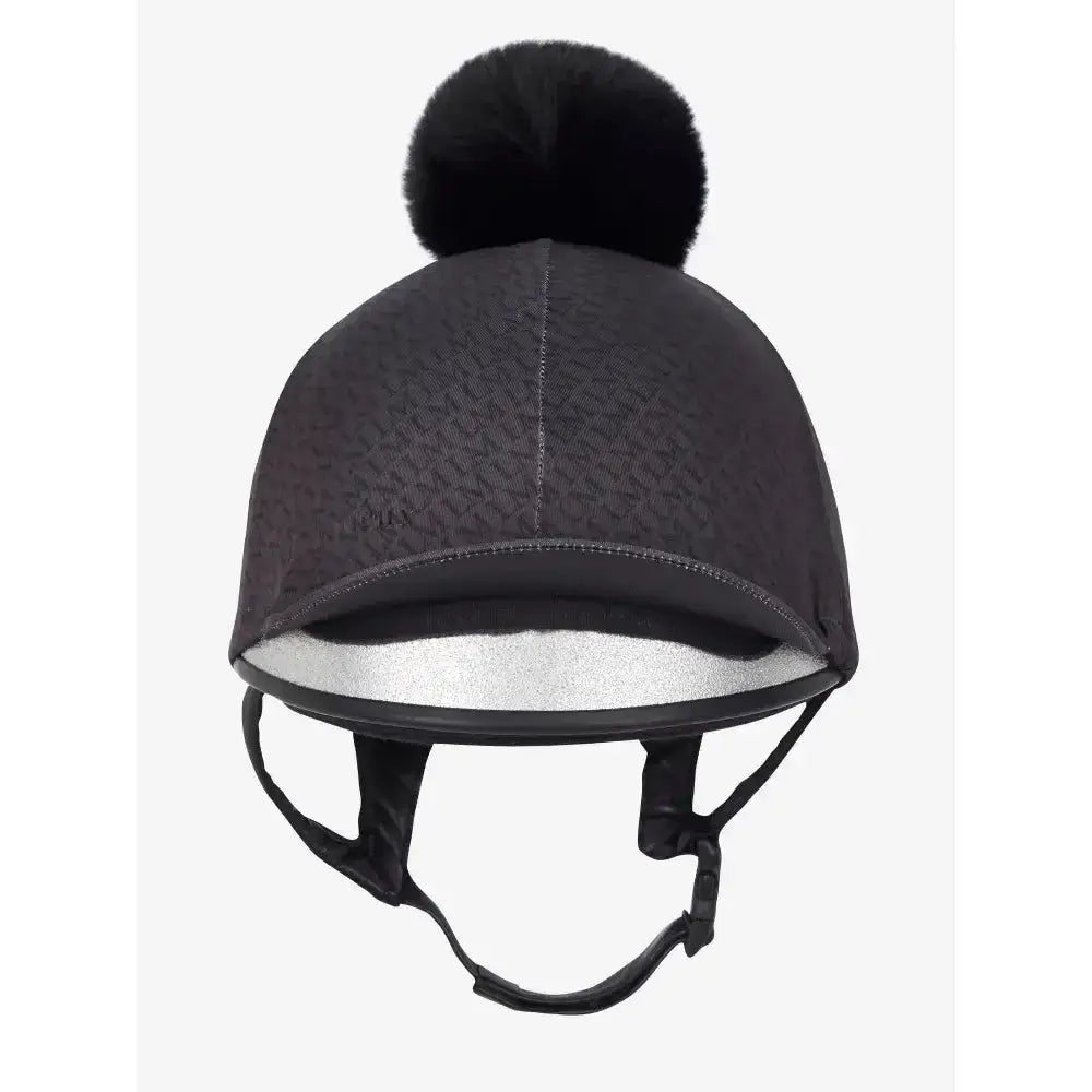 Black lemieux faith hat silk equestrian helmet cover with plush pom-pom and silver-lined faith base layer interior