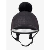 Black lemieux faith hat silk equestrian helmet cover with plush pom-pom and silver-lined faith base layer interior