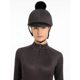 Black lemieux faith hat silk cinder equestrian helmet with a fluffy pom-pom on top for faith base layer use