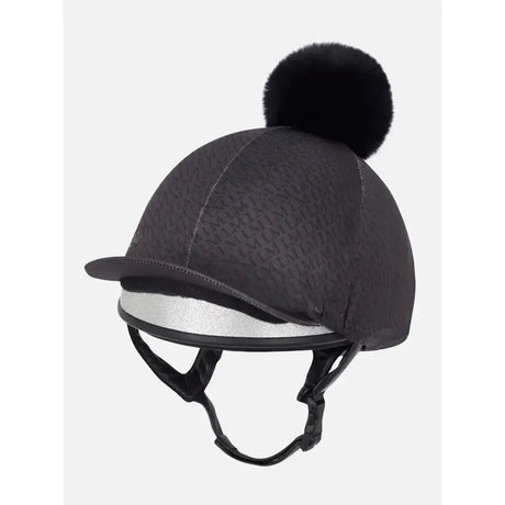Black lemieux faith hat silk equestrian helmet cover with textured fabric, plush pom-pom, and silver reflective band