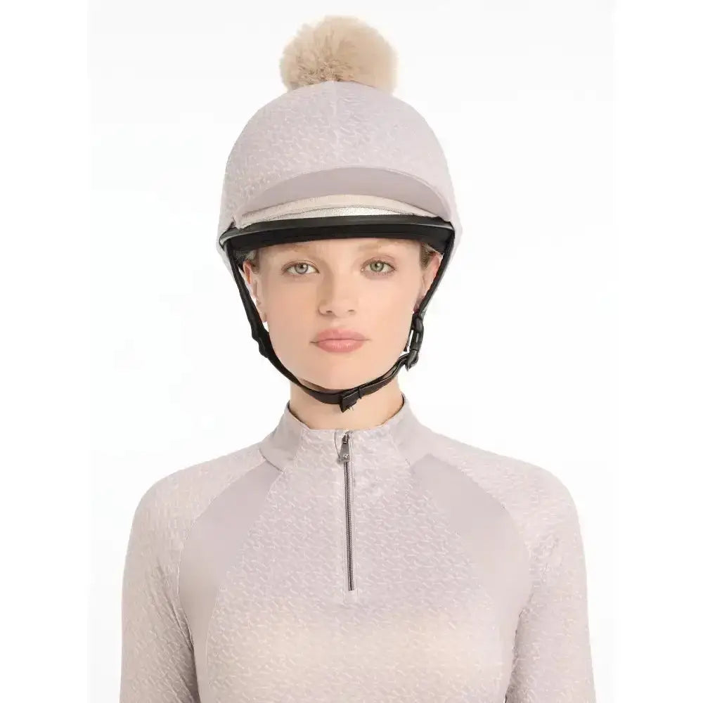 Light gray felt lemieux faith hat with fluffy beige pom-pom faith hat silk style riding helmet