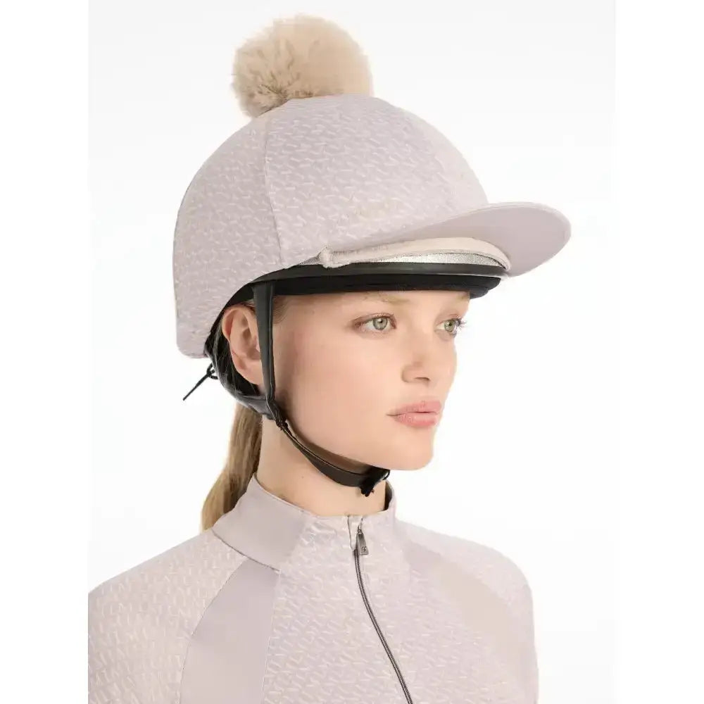 Silver quilted lemieux faith hat silk stone with cream faux fur pom-pom equestrian helmet cover