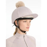 Silver quilted lemieux faith hat silk stone with cream faux fur pom-pom equestrian helmet cover