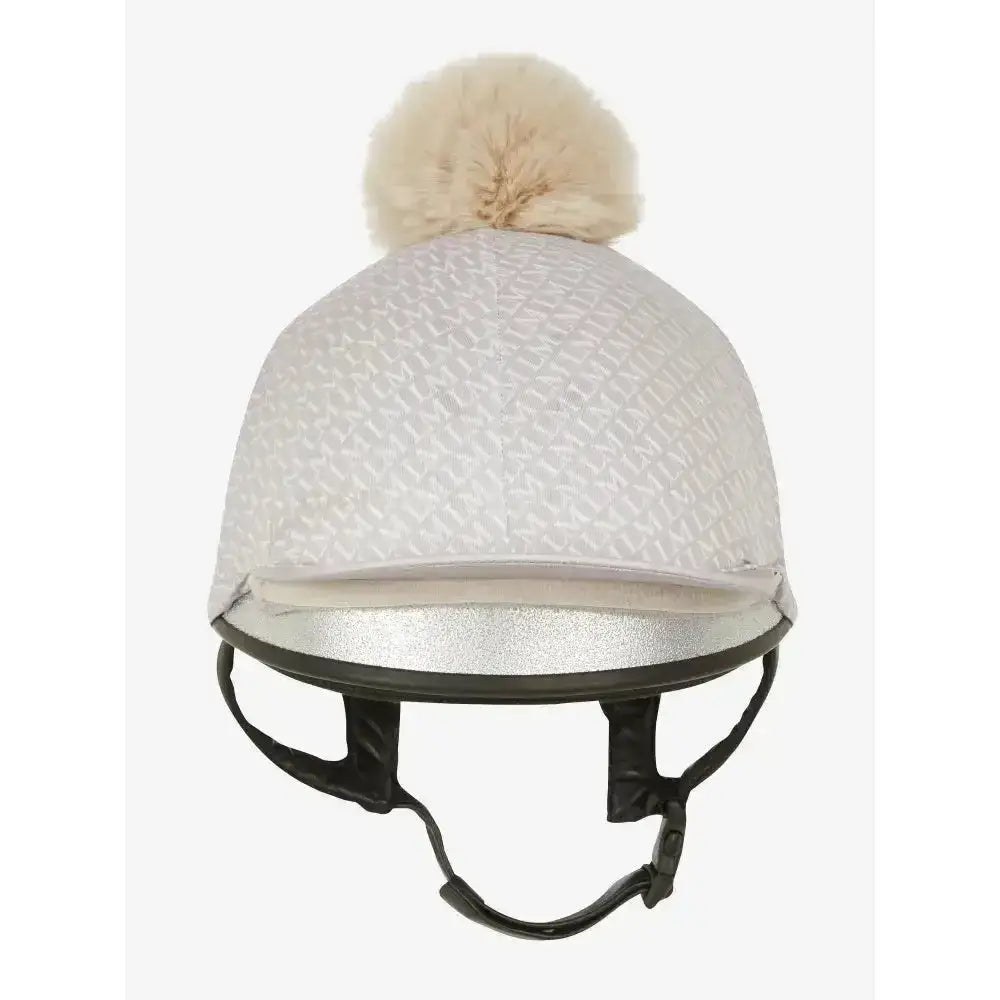 White textured lemieux faith hat silk helmet cover with cream faux fur pom-pom perfect faith base layer accessory