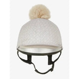 White textured lemieux faith hat silk helmet cover with cream faux fur pom-pom perfect faith base layer accessory