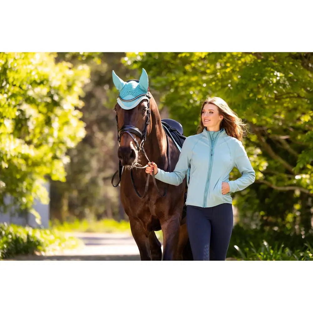 Light blue lemieux faye fleece zip equestrian horse hood with ear flaps and breathable mesh detailing