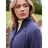 Navy blue lemieux faye fleece zip with yellow inner collar and black zipper trim in dusk blue color