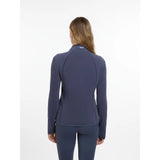 Navy blue lemieux faye fleece zip performance jacket with long sleeves high collar and subtle seam detailing in dusk blue