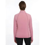 A soft pink lemieux faye fleece zip jacket with long sleeves and subtle dark seam stitching in peony color