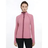 Soft pink lemieux faye fleece zip long sleeve athletic jacket with high collar and matching zipper in peony color