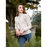 Young woman in Lemieux Faye Fleece Zip Through Stone with cream zip-up sweater