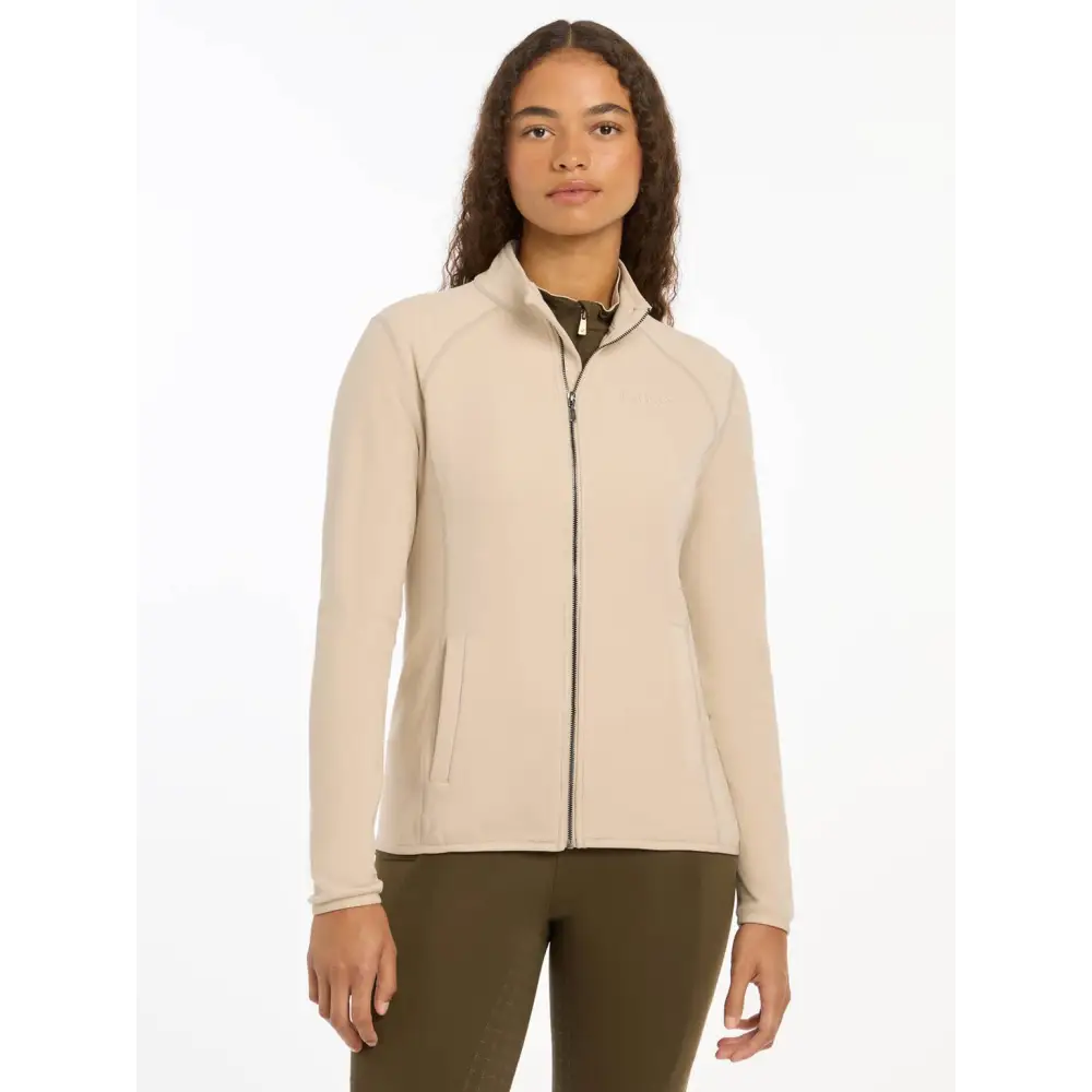 Beige Lemieux Faye Fleece zip-through jacket worn by a person for stylish warmth