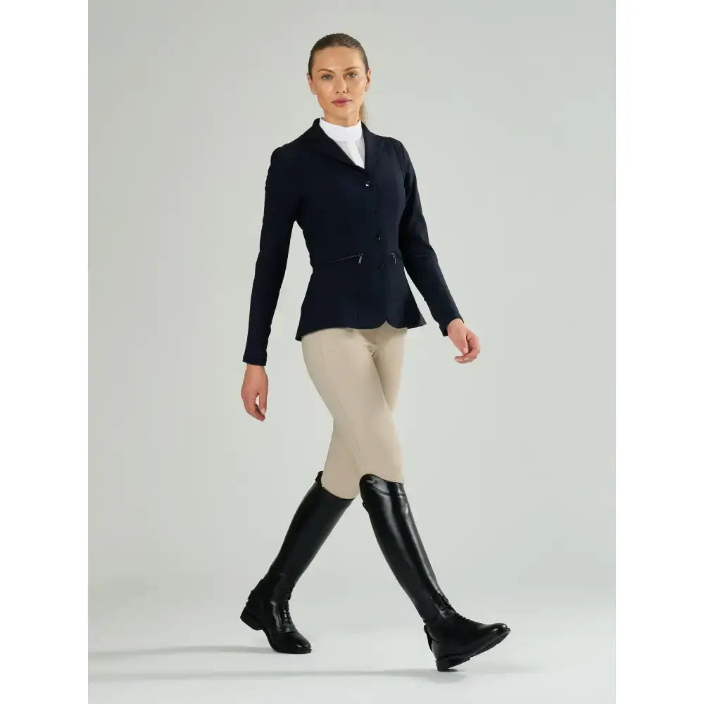 Navy blue lemieux field riding jacket with black buttons elastic calf gussets and zippered side pockets in premium leather