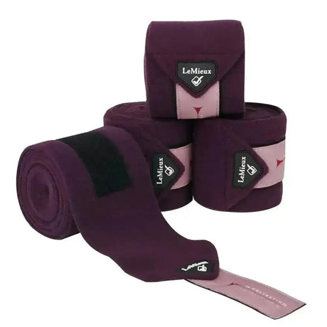 Purple lemieux fig classic polo bandages set of 4 with pink and black accents luxury lemieux fleece wraps