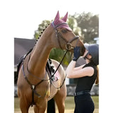A brown horse wearing a lemieux finesse acoustic rosewood fly hood with pink bridle and ear covers