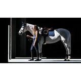 A sleek white horse wearing a lemieux finesse eurojump faux leather saddle pad in navy eurojump square navy