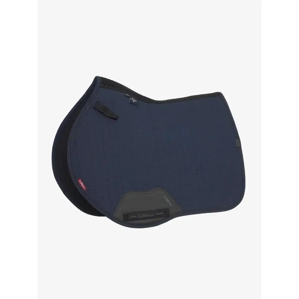 Navy blue lemieux finesse eurojump faux leather saddle pad with black trim and a red logo eurojump square navy style