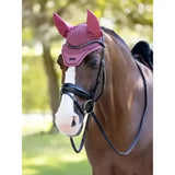 Lemieux finesse fly hood in rosewood pink textured fabric with black trim and ear covers for horse protection