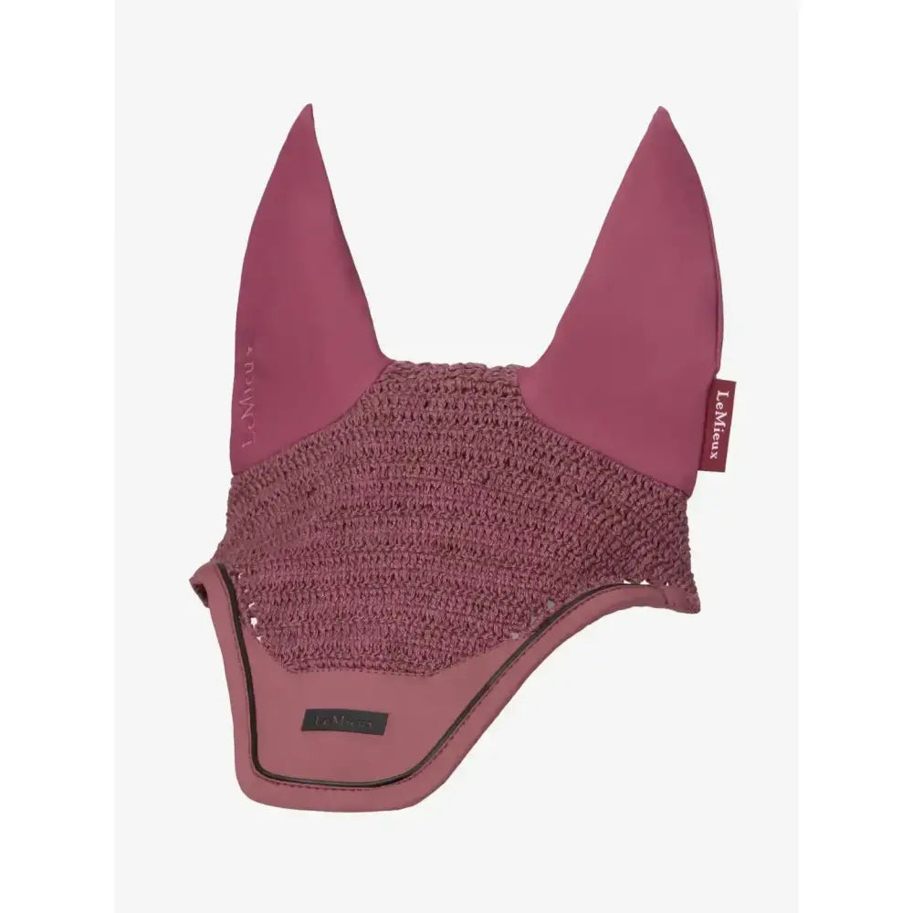 A mauve lemieux finesse fly ear bonnet with knitted mesh center and smooth fabric flaps featuring lemieux tag