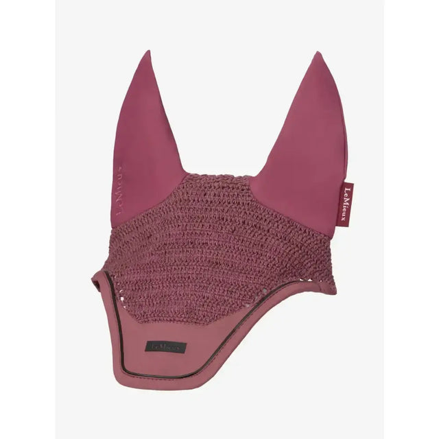 A mauve lemieux finesse fly ear bonnet with knitted mesh center and smooth fabric flaps featuring lemieux tag