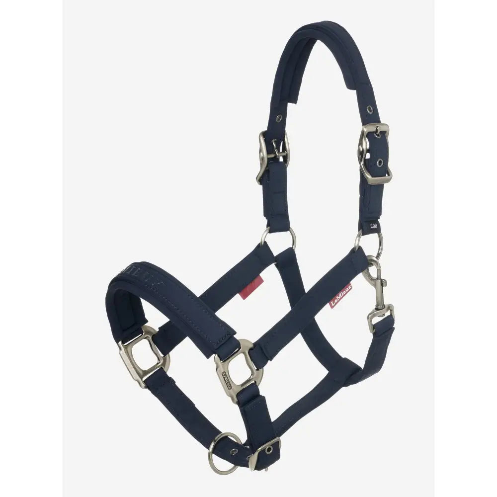 Navy blue leather lemieux finesse headcollar with silver buckles and hardware perfect for horse riding gear