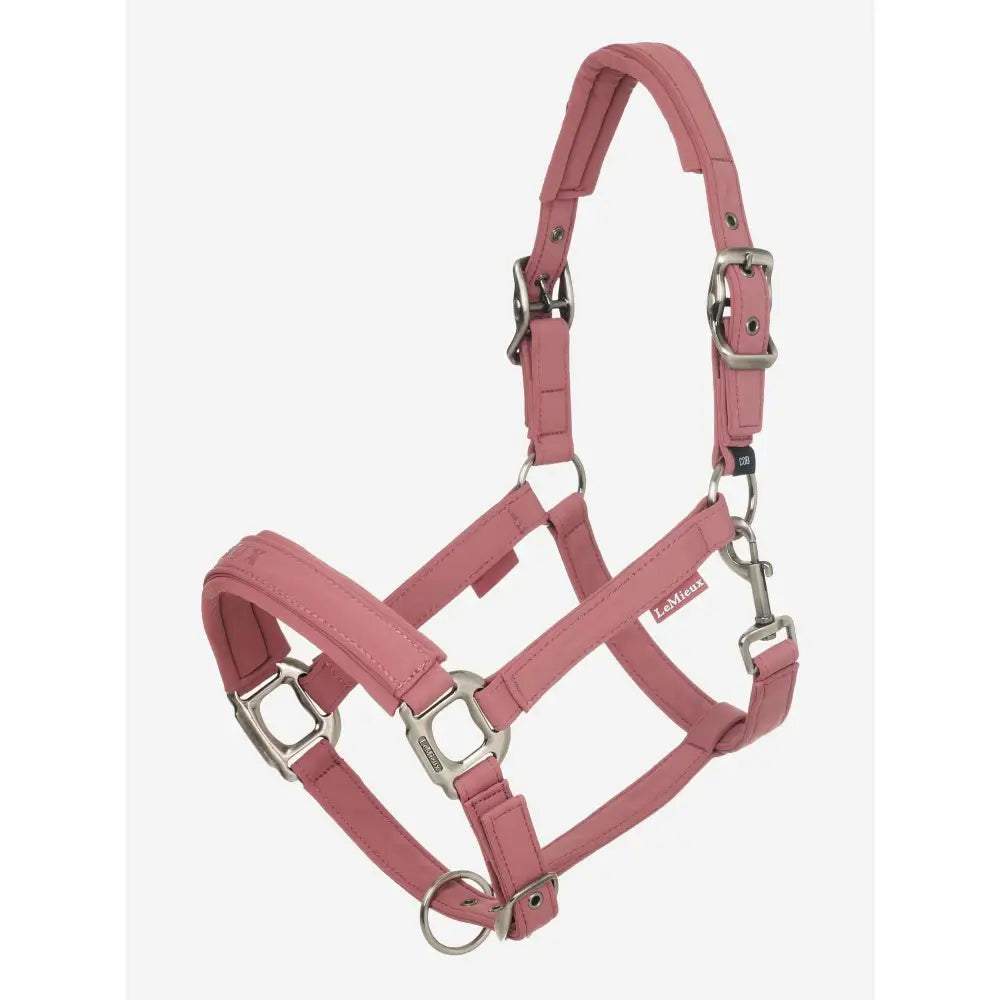 Pink leather lemieux finesse headcollar rosewood with silver hardware and adjustable buckles for horses