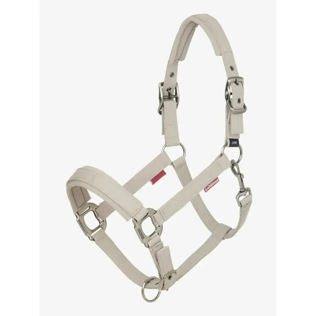 Beige leather lemieux finesse headcollar stone with silver metal hardware and adjustable buckles for horses