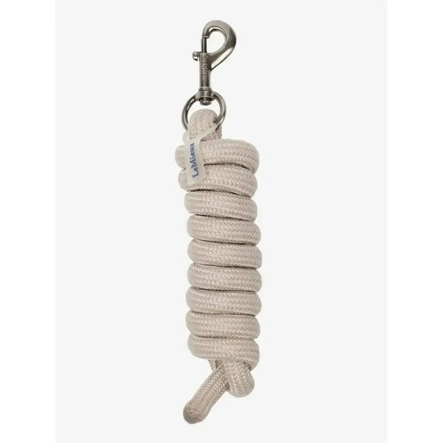 A coiled beige lemieux finesse leadrope stone with a silver metal clip perfect for handling horses