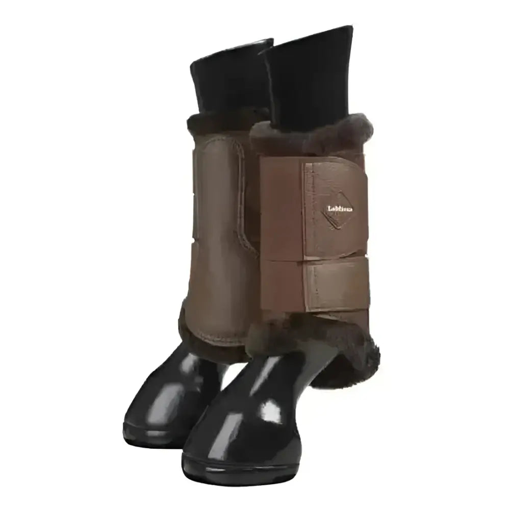 Brown lemieux fleece brushing boots with black faux fur trim and diamond logo for a brown beautifully fitting look