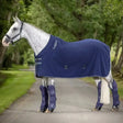 Navy lemieux fleece cooler rug with soft rolled collar white trim and matching leg wraps for horse warmth