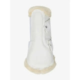 White leather lemieux fleece edged mesh brushing boot with cream shearling lining and silver buckle
