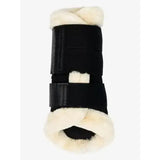 Black horse hoof boot with cream fleece lining and velcro straps lemieux fleece edged mesh brushing boots
