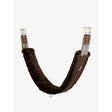 Brown lemieux fleece lined anatomic girth with silver buckles and a red tag featuring fleece lined anatomic design