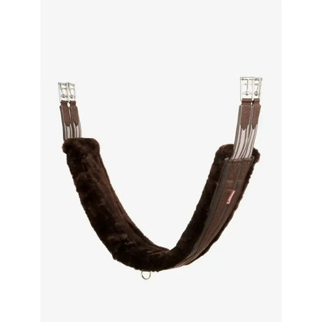 Brown lemieux fleece lined anatomic girth with silver buckles and a red tag featuring fleece lined anatomic design