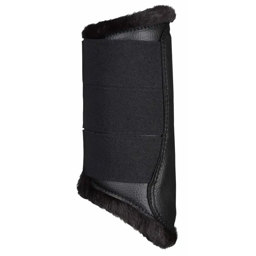 Black leather lemieux fleece lined brushing boots with plush black fur trim for a comfy fit and protection