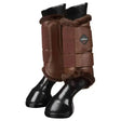 Brown leather lemieux fleece lined brushing boots with plush fur trim and black rubber hoof covers