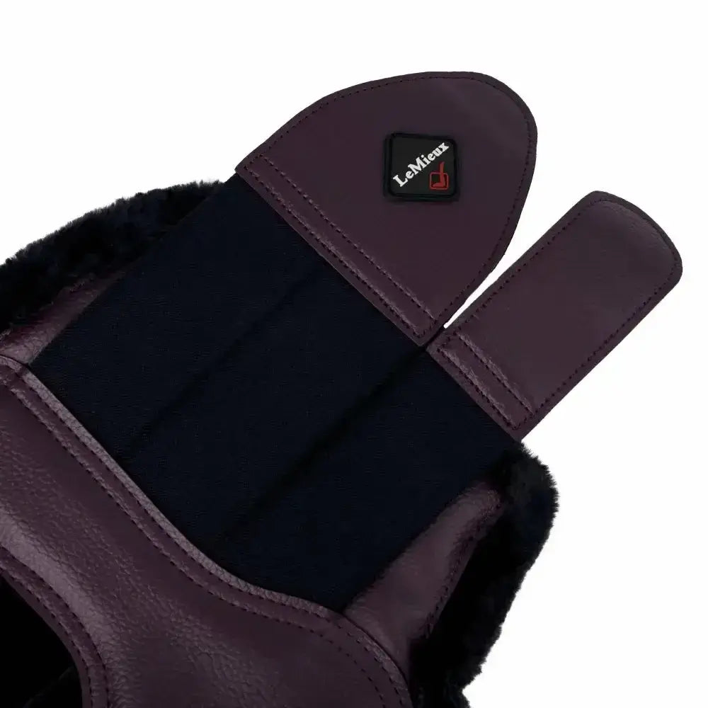 Dark brown leather lemieux fleece lined brushing boots with black fleece lining and lemieux brand patch in fig color