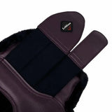 Dark brown leather lemieux fleece lined brushing boots with black fleece lining and lemieux brand patch in fig color