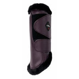 Dark purple lemieux fleece lined brushing boots with black faux fur trim and diamond brand logo in fig color