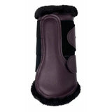 Purple leather lemieux fleece lined brushing boots fig with black shearling trim and adjustable strap for protection