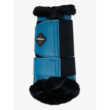 Blue leather lemieux fleece lined brushing boots with marine color and black faux fur trim for comfortable fit