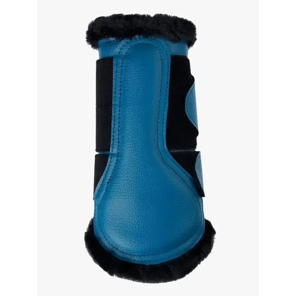 Blue lemieux fleece lined marine brushing boots with black faux fur trim and adjustable straps for a marine fit