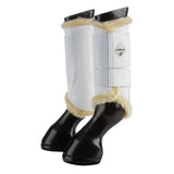 White lemieux fleece lined brushing boots with black hoof protection and cream fleece trim for a beautiful fit