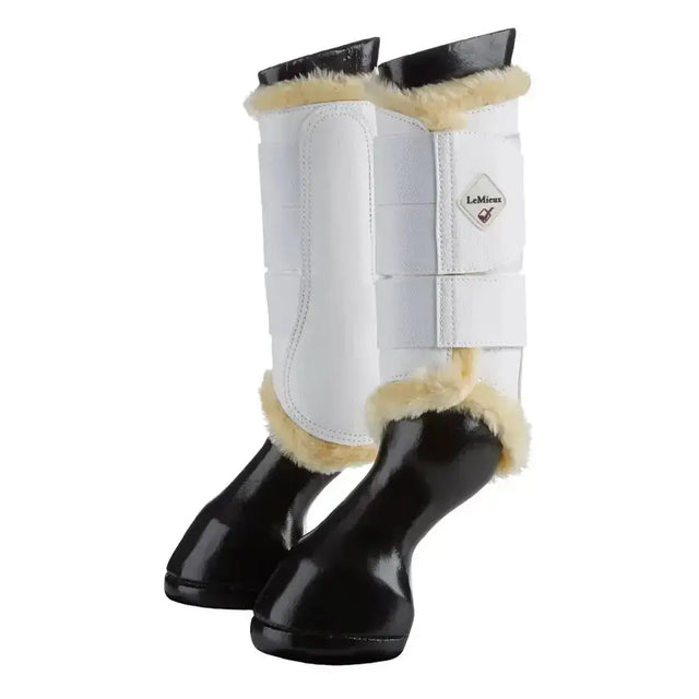 White lemieux fleece lined brushing boots with black hoof protection and cream fleece trim for a beautiful fit