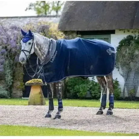 Navy blue velvet lemieux fleece rugs horse blanket with white trim and super-soft anti-pilling polar fleece lining